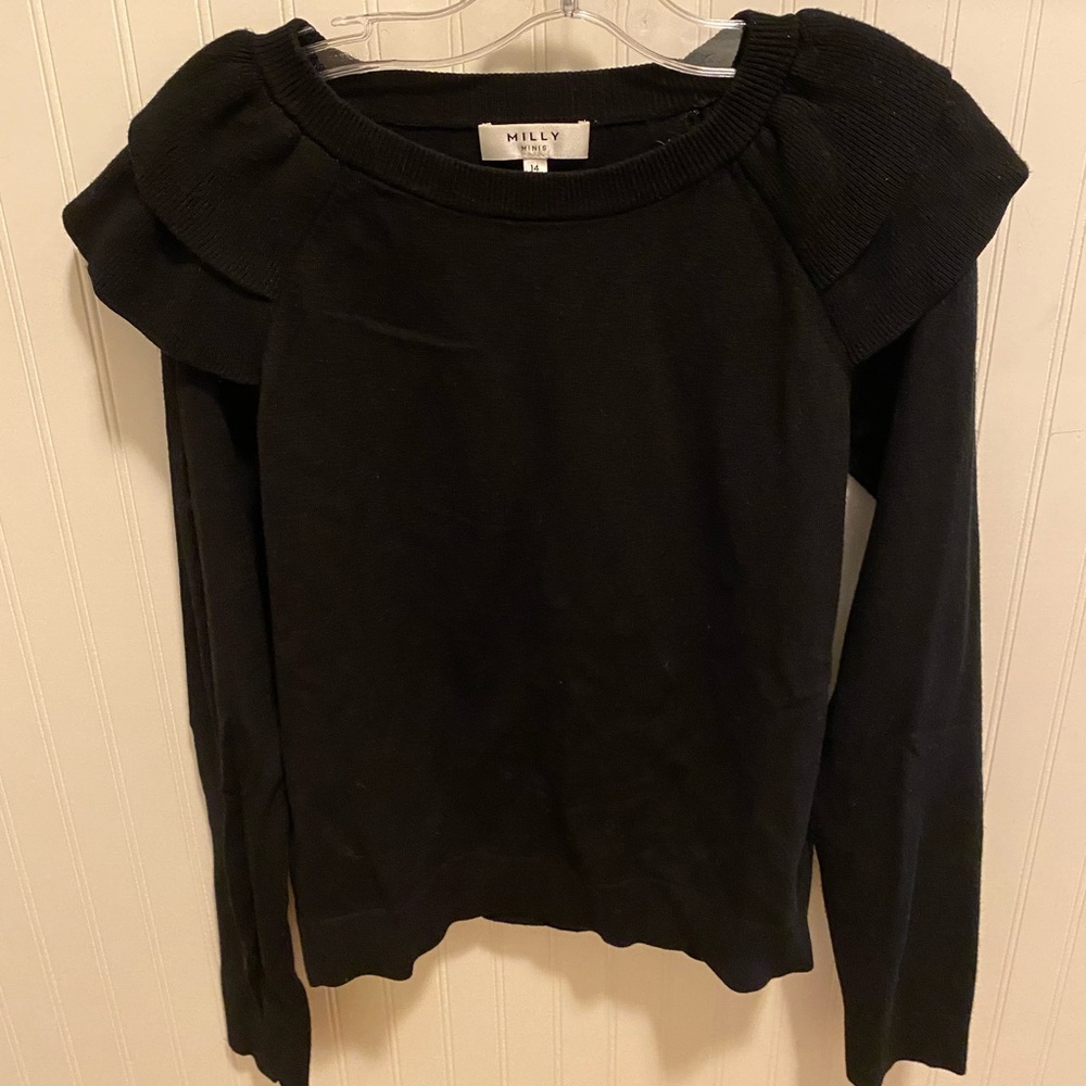 Milly Minis Black Ruffle Shoulder Sweater.